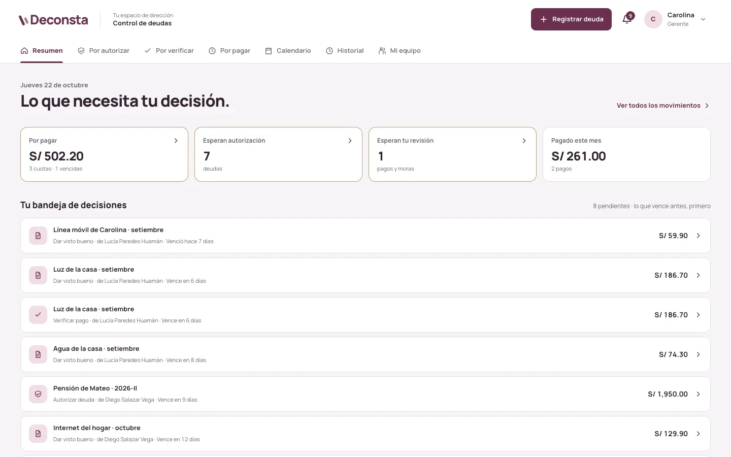 Deconsta manager overview: amounts due, debts awaiting approval and a decision inbox sorted by due date.